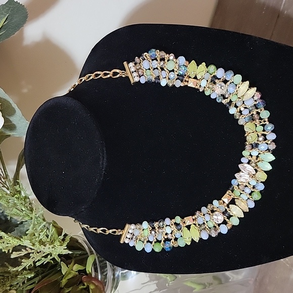 Jewelry - Blue and Green AB Crystal & Prong Set Beaded Bibb Necklace